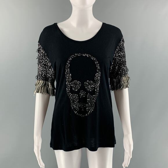 【LUCIEN PELLAT-FINET】Damage Top LUCIEN PELLAT-FINET Size M Black Silver Viscose Rhinestones Casual Top
